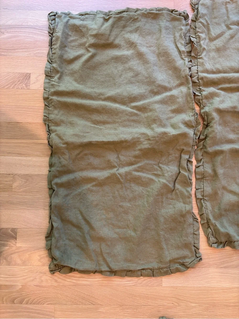 West Elm Green Ruffled Linen Duvet Cover and Shams - King Size